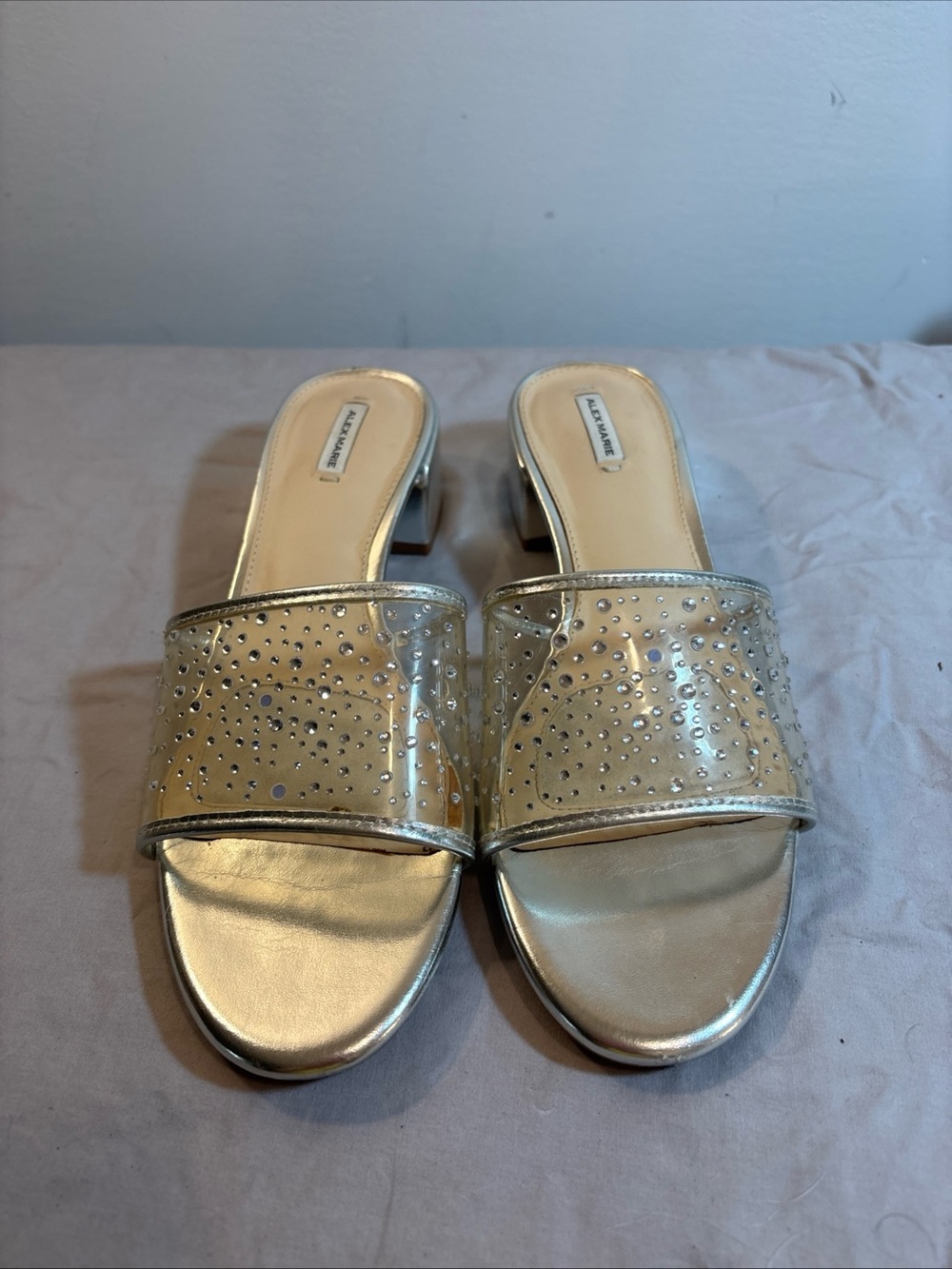 Alex Marie Metallic Silver Slide Sandals with Rhinestone Overlay